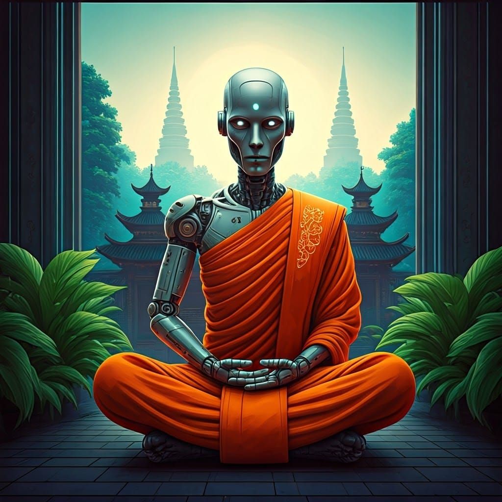 Robot Monk Meditating at Sunrise Temple in Bauhaus Style