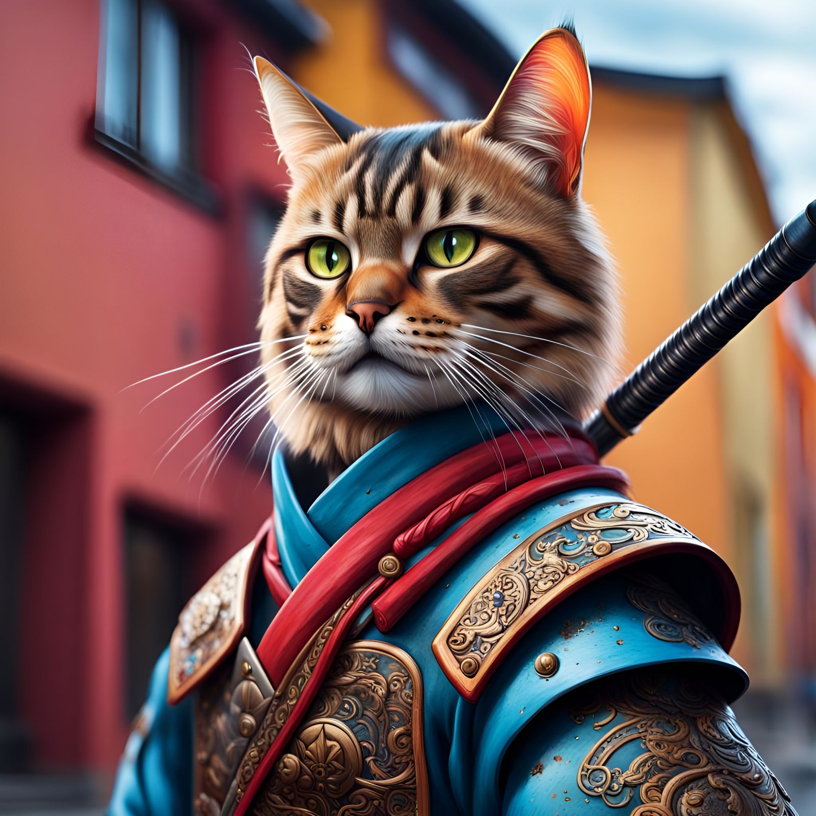 Samurai Cat in Vilnius: Hyperrealistic Concept Art