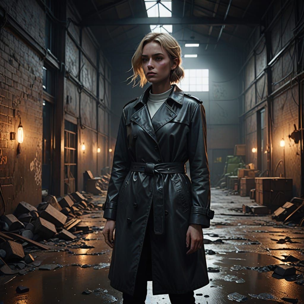 Elegant Woman Surrounded by Mystical Symbols in Abandoned Wa...