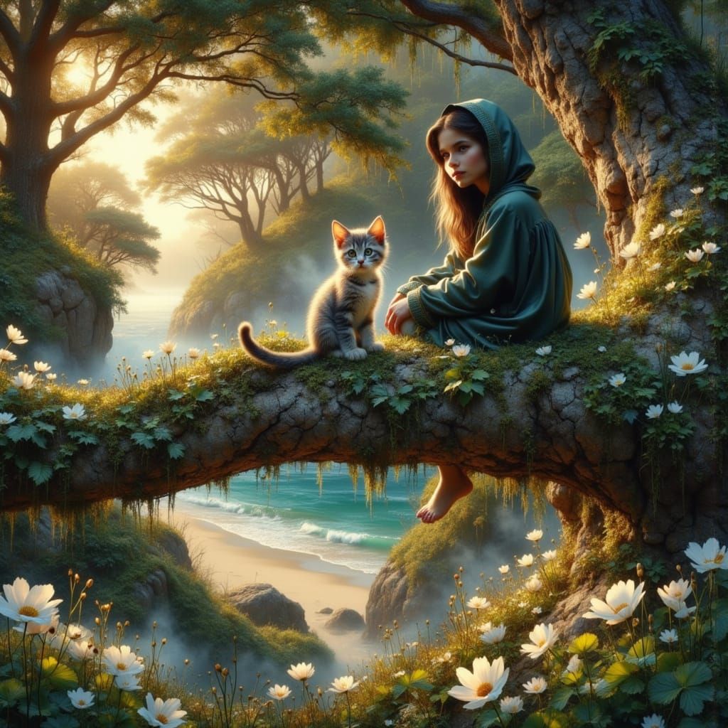 Cute Kitten and Girl in Forest Tree