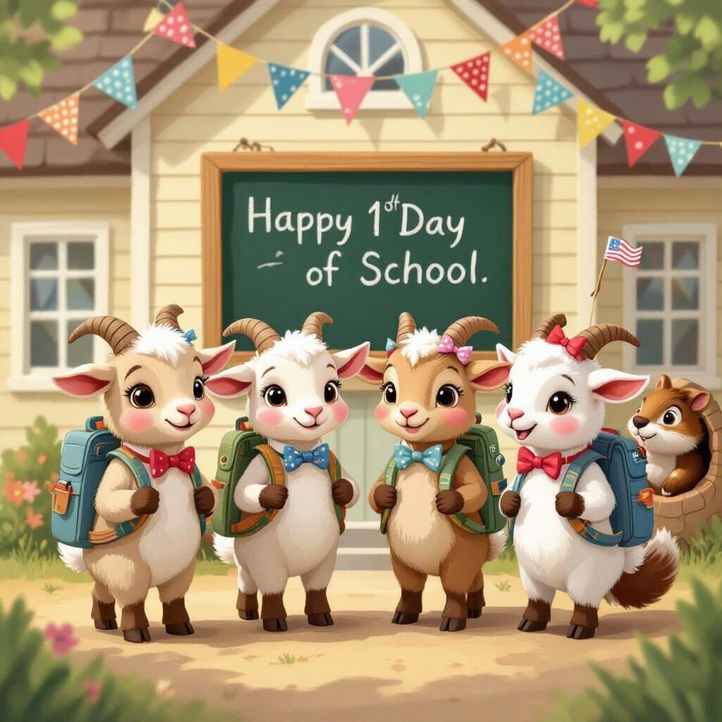Goats Celebrate 1st Day of School in Storybook Illustration