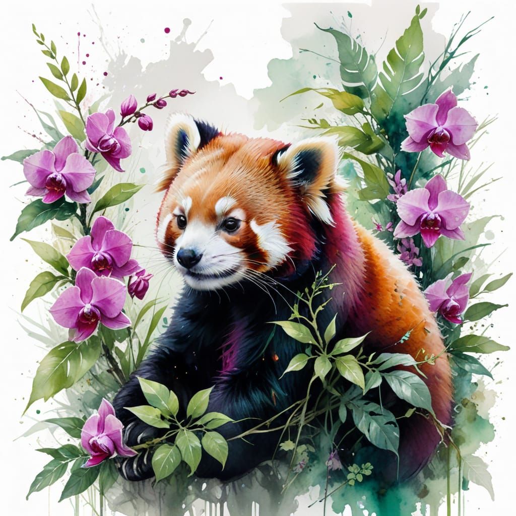 Red Panda Lounging Among Orchids in Watercolour Style