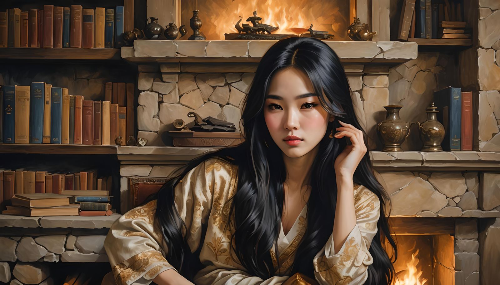 Beautiful Korean Girl Portrait with Fireplace, Splash Art