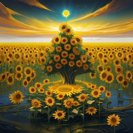 Golden River in Sunflower Field: Baroque Surrealism