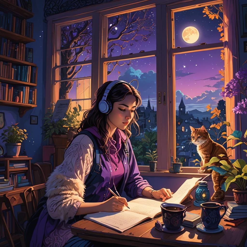 Cozy Lofi Girl Studying at Night