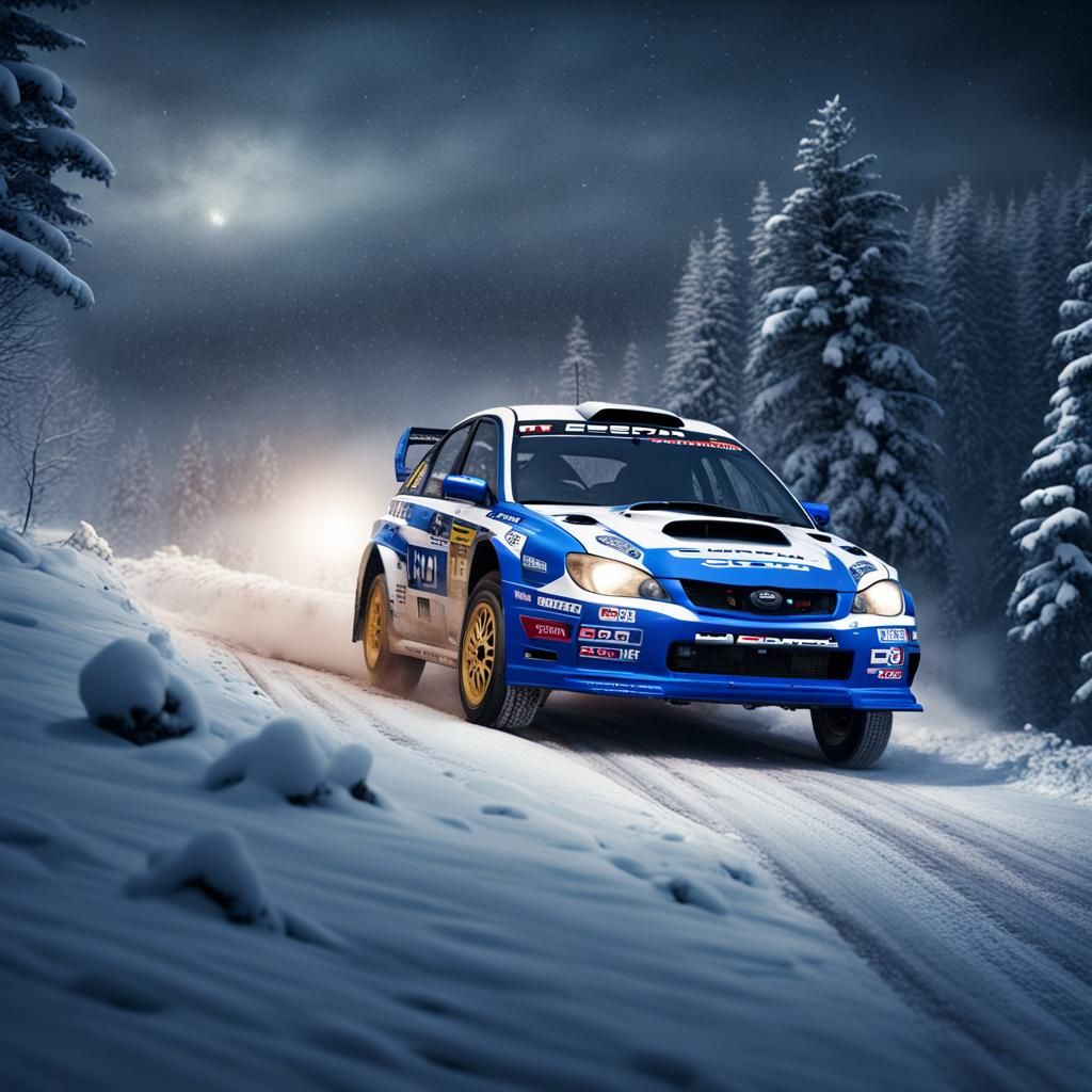 Subaru Impreza Rally Car at Night in Snow