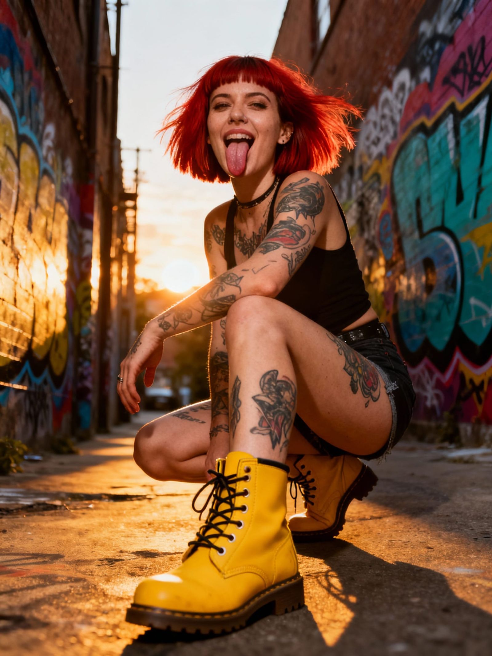 Tattooed Woman with Wild Red Hair in Urban Sunset