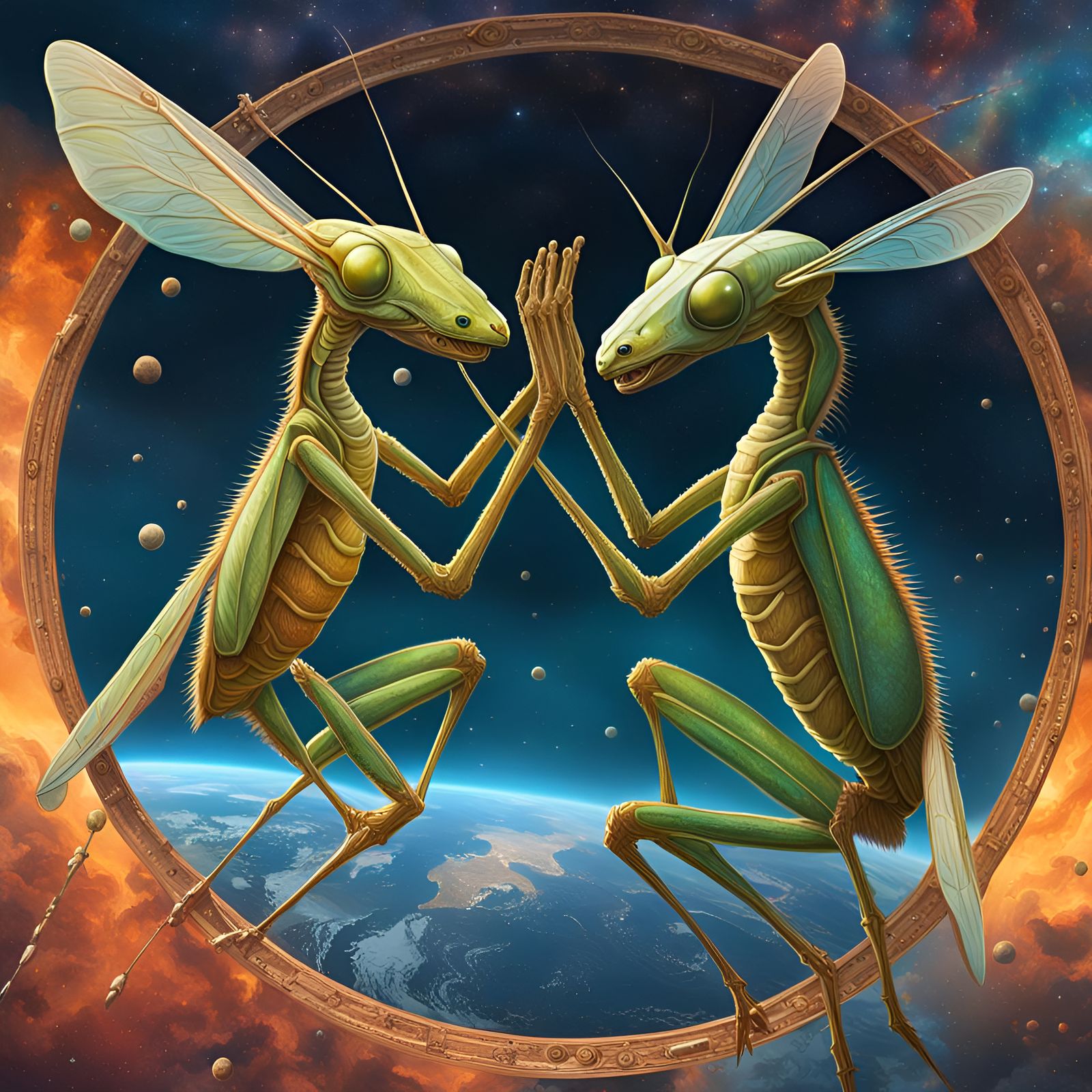 Praying Mantises on Spaceship in Hyperrealistic Style