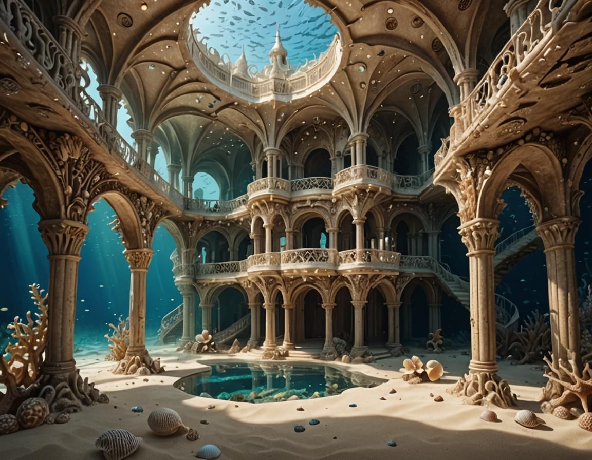 Underwater Palace in Shimmering Sand and Seashells Style