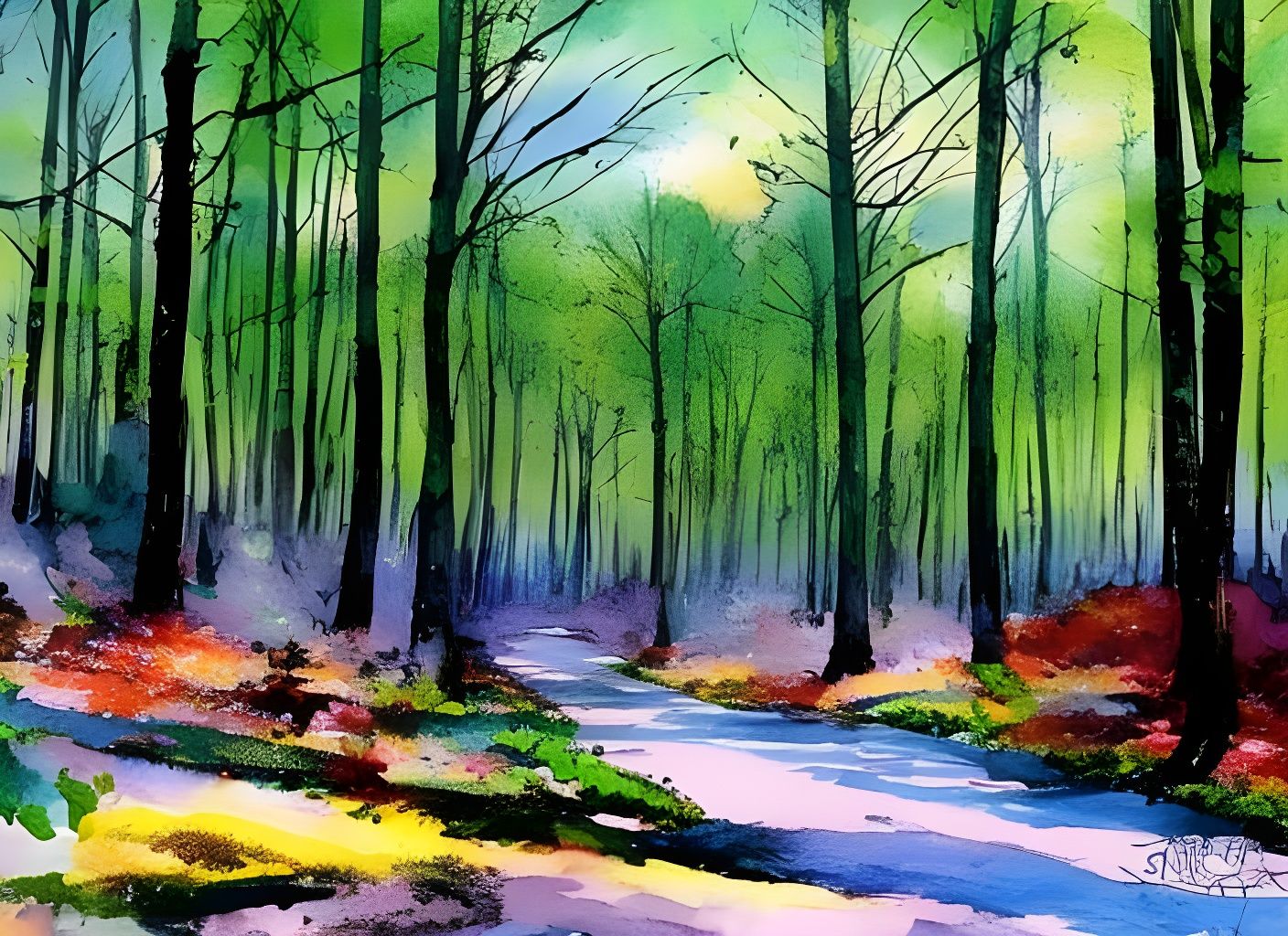 Watercolor Deciduous Forest with Detailed Line Art