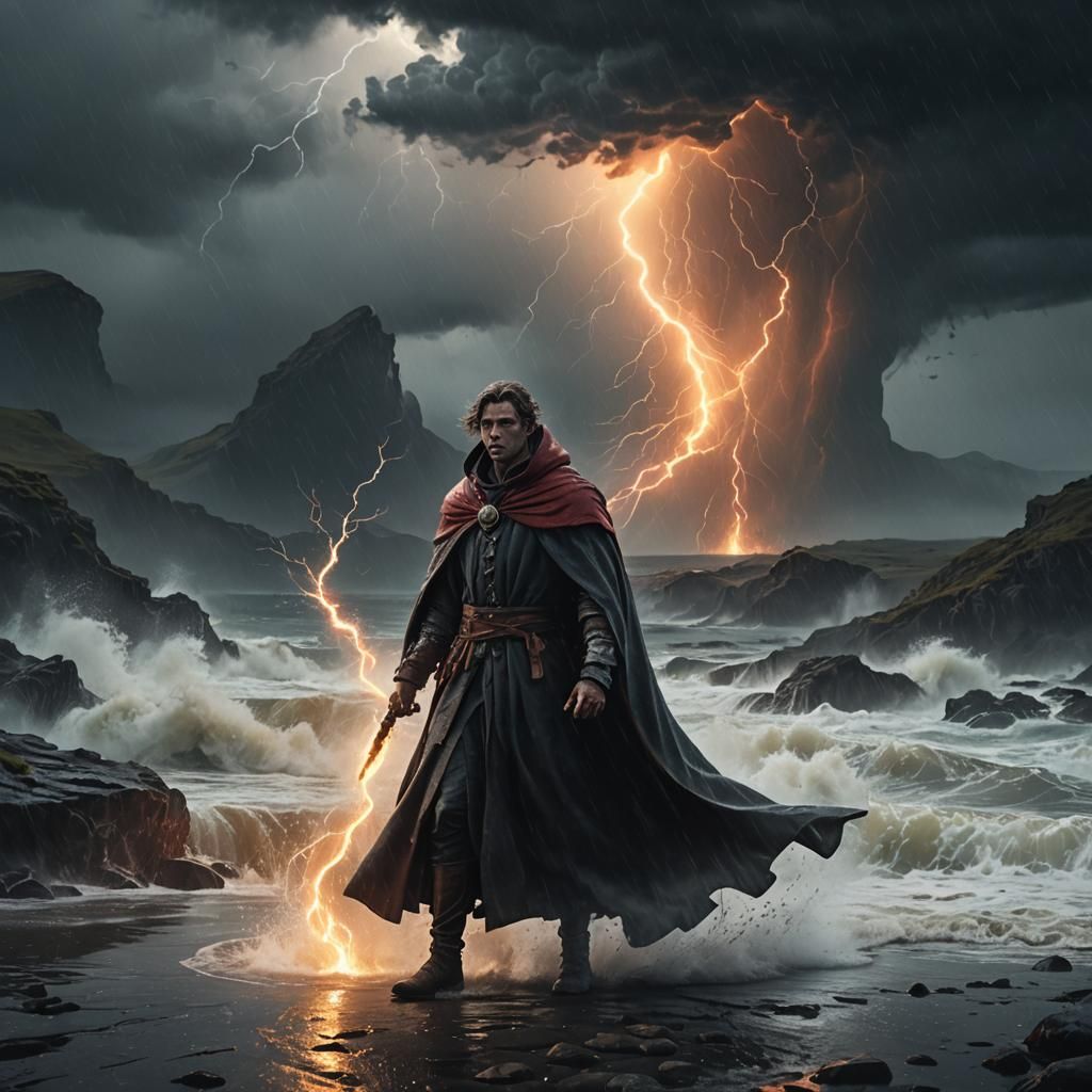 Serene Figure with Ember in Stormy Landscape