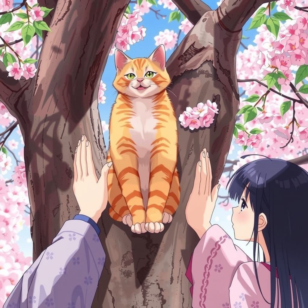 Three Women Help an Orange Tabby Cat Down from a Tree in Spr...