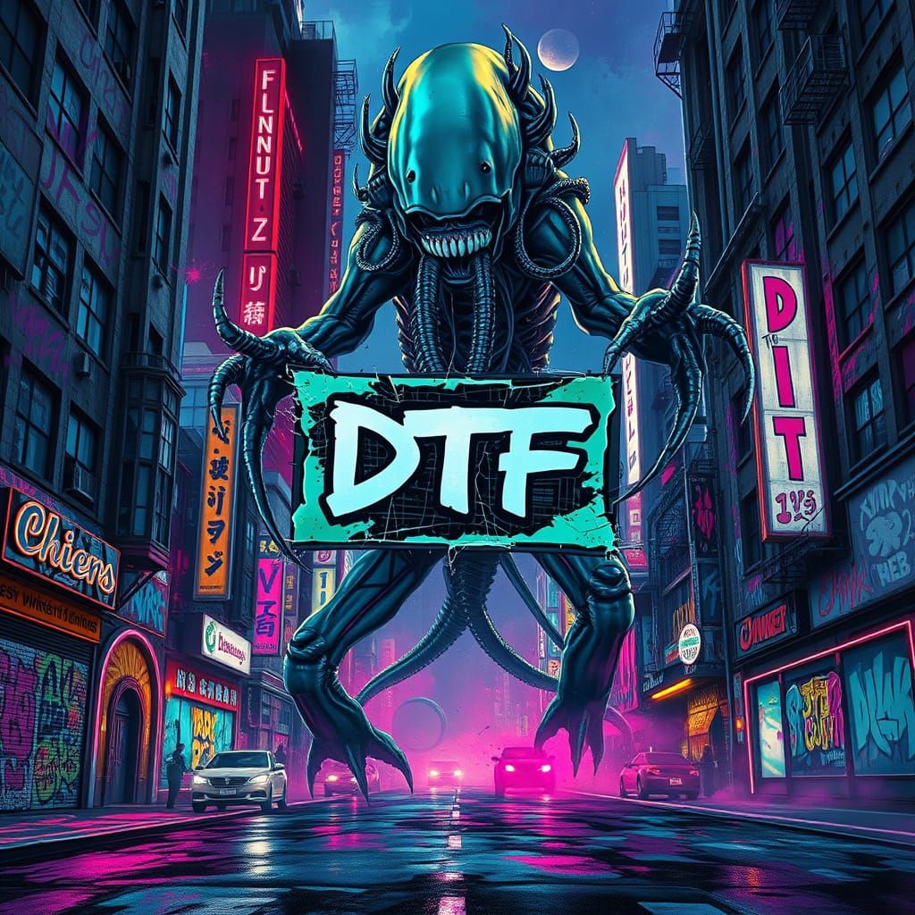 Graffiti Cityscape Under Alien Invasion in Neon Colors and B...