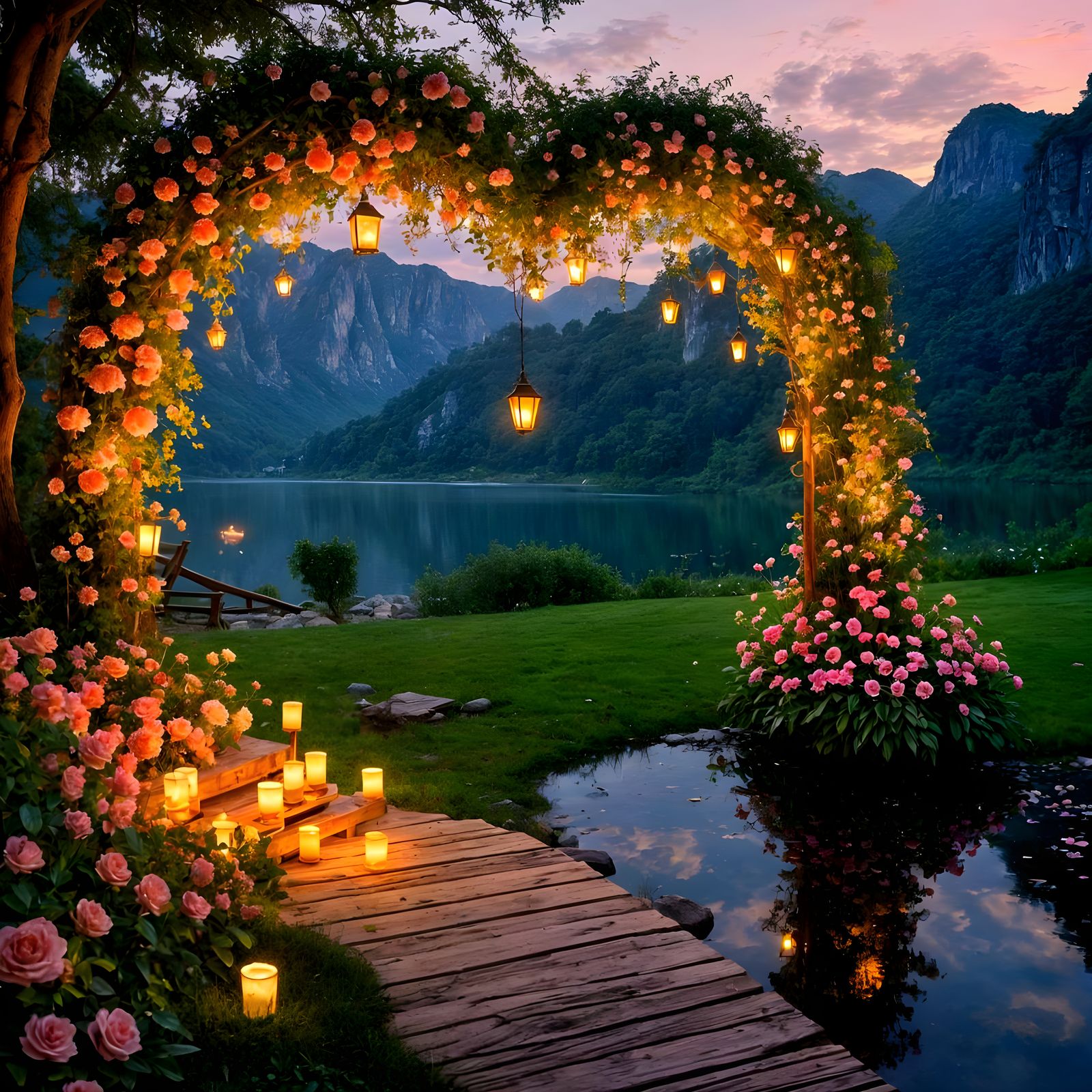Magical Twilight Fantasy Landscape with Serene Lake and Glow...