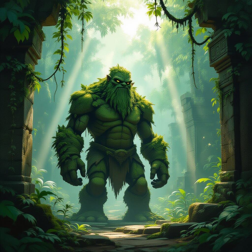 Mossy Golem Guards Jungle Temple in Sunlight