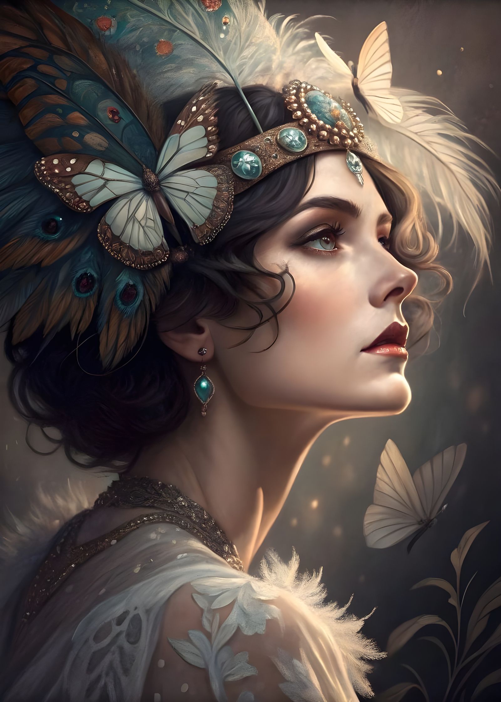 Art Nouveau Woman Portrait with Ornate Fascinator