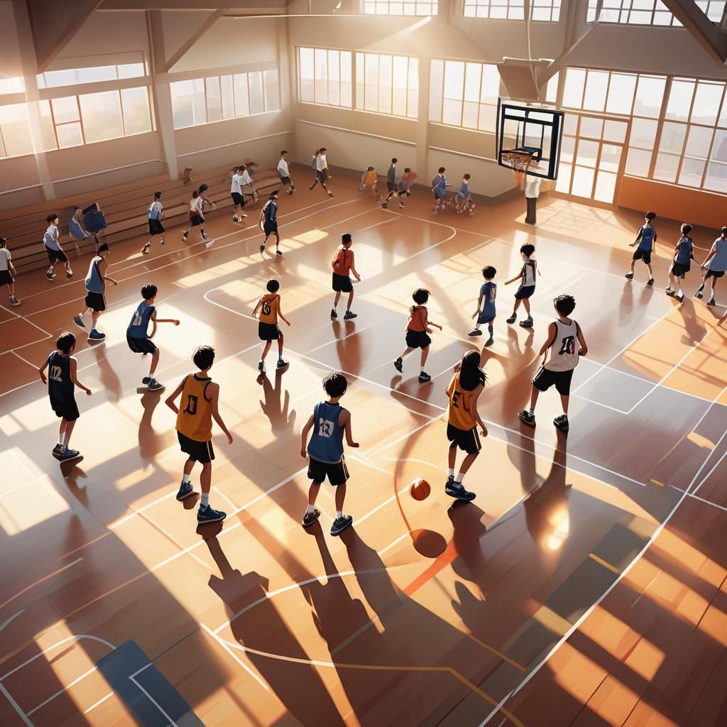 Anime Gym Class Basketball Game in Golden Hour