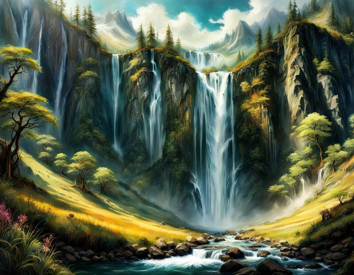 Waterfall in Sunny Valley: Digital Airbrush Illustration
