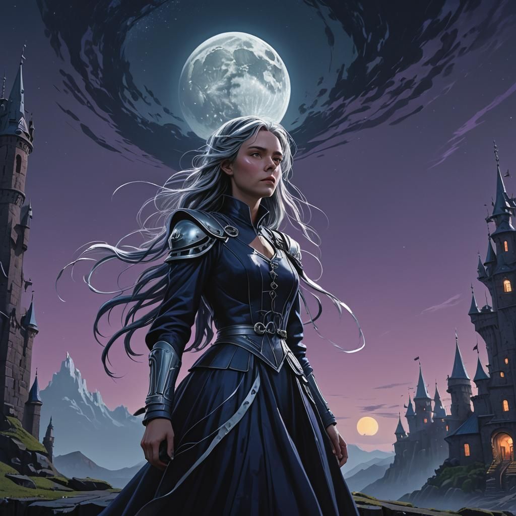 A princess stands atop her castle at night