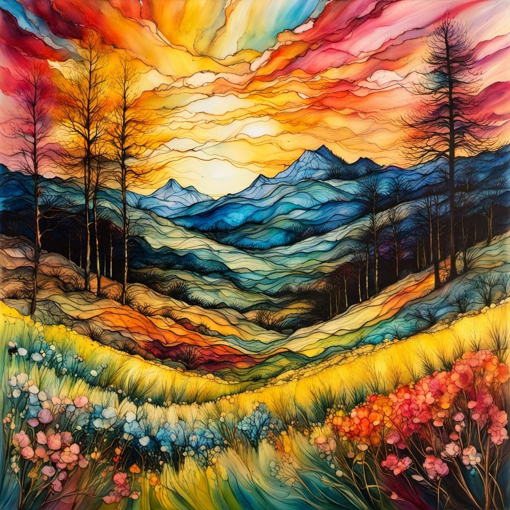 Encaustic Spring Landscape with Alcohol Ink Sunset