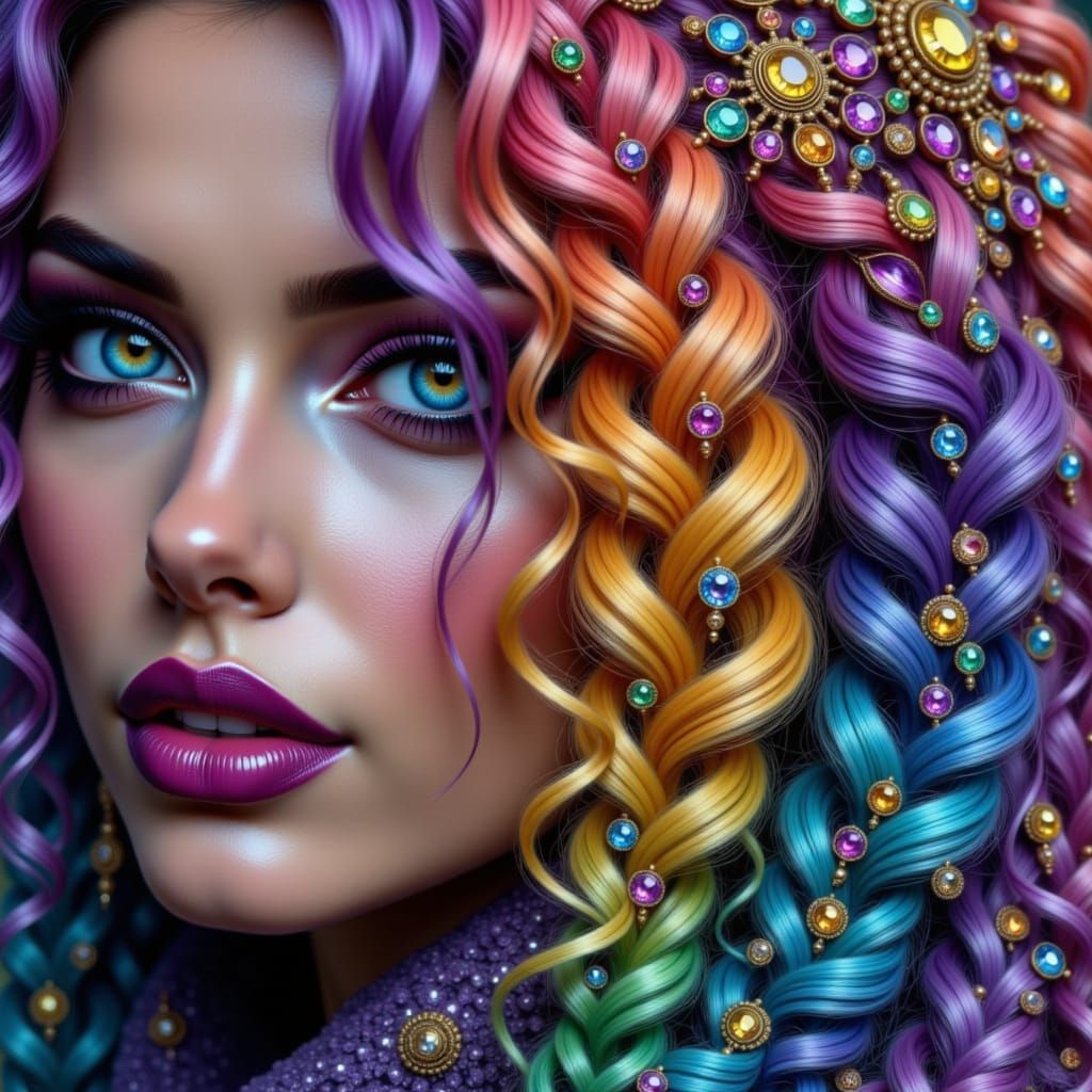Woman with Rainbow Hair and Diamond Braids