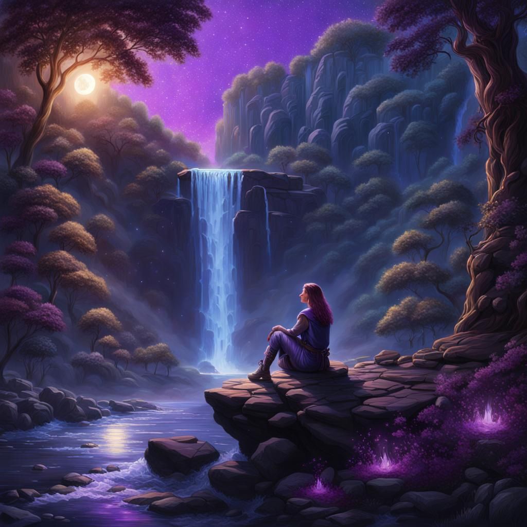 Jean Grey by Waterfall in Oil Painting Style