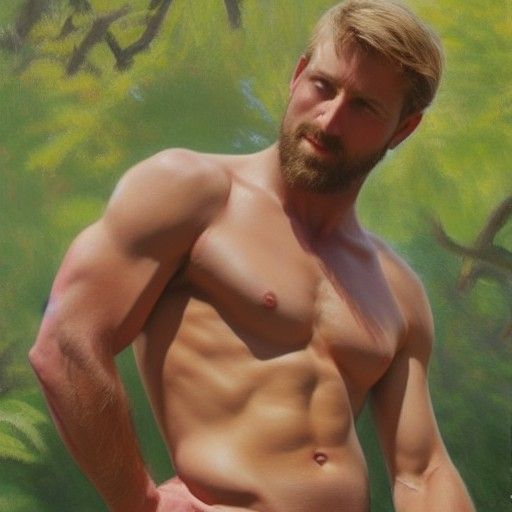 Striking Male Druid Back Muscles, Oil Painting Style
