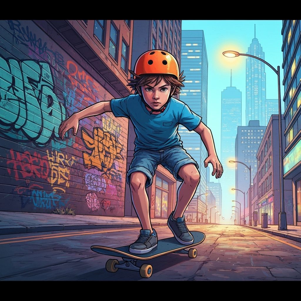 Boy Skateboarding in Urban Setting, Graphic Art Style