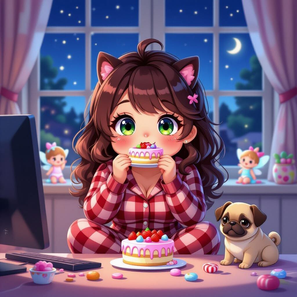 Anime Woman in Pajamas with Pug & Fairies