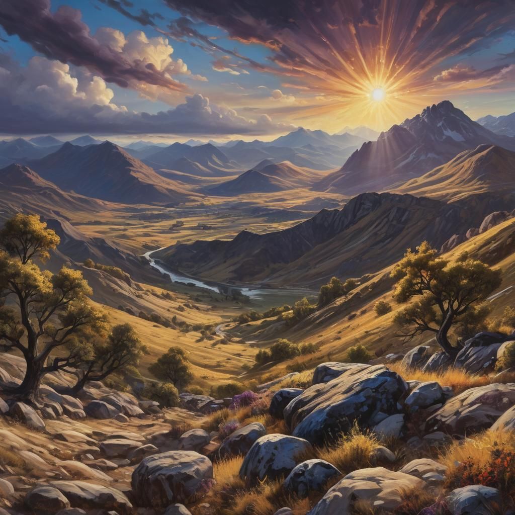 Epic Landscape Painting of Mountains and Rocky Terrain