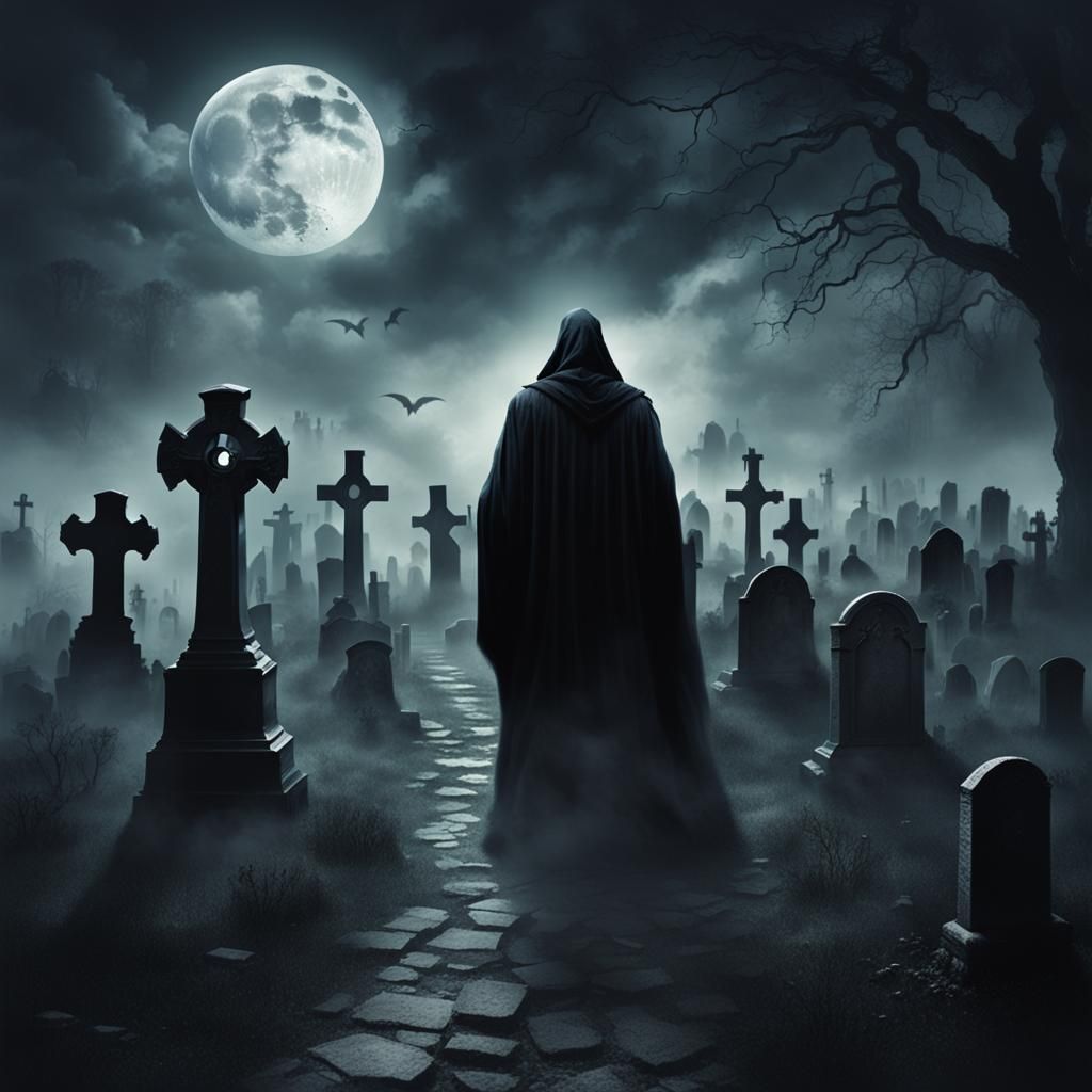 Grim Reaper Leads Souls to Graveyard in Misty Night