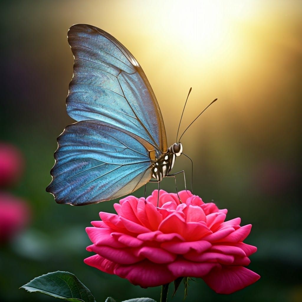 Bioluminescent Blue Morpho Butterfly in Dawn Garden