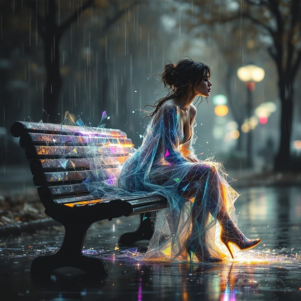 Surreal PrismShred Woman Dances in the Rain with Fractured G...