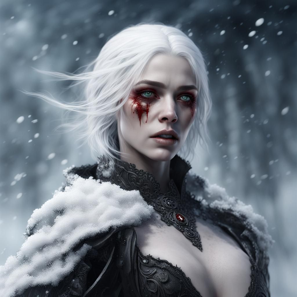 Ethereal Woman with Bleeding Eyes in Snowy Scene