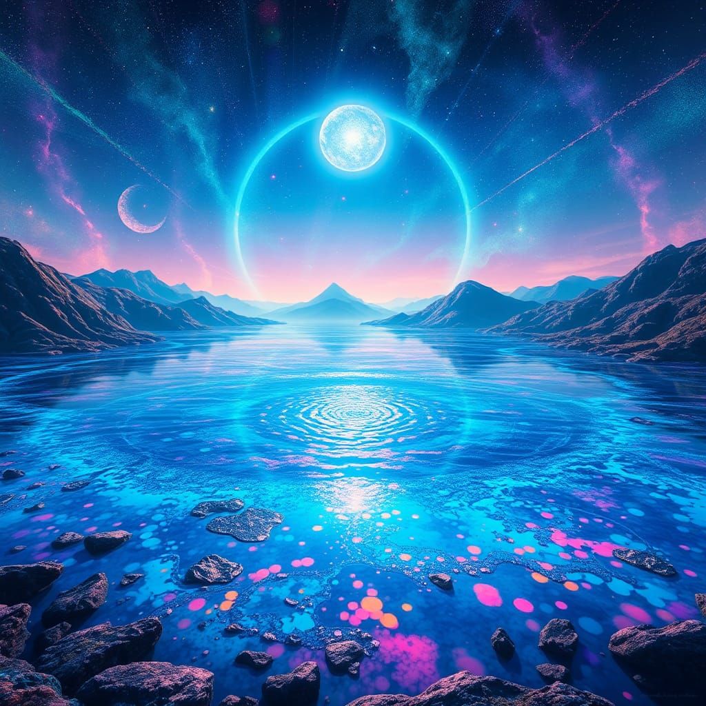 Iridescent Lake Shimmers in Holographic Astral Realm