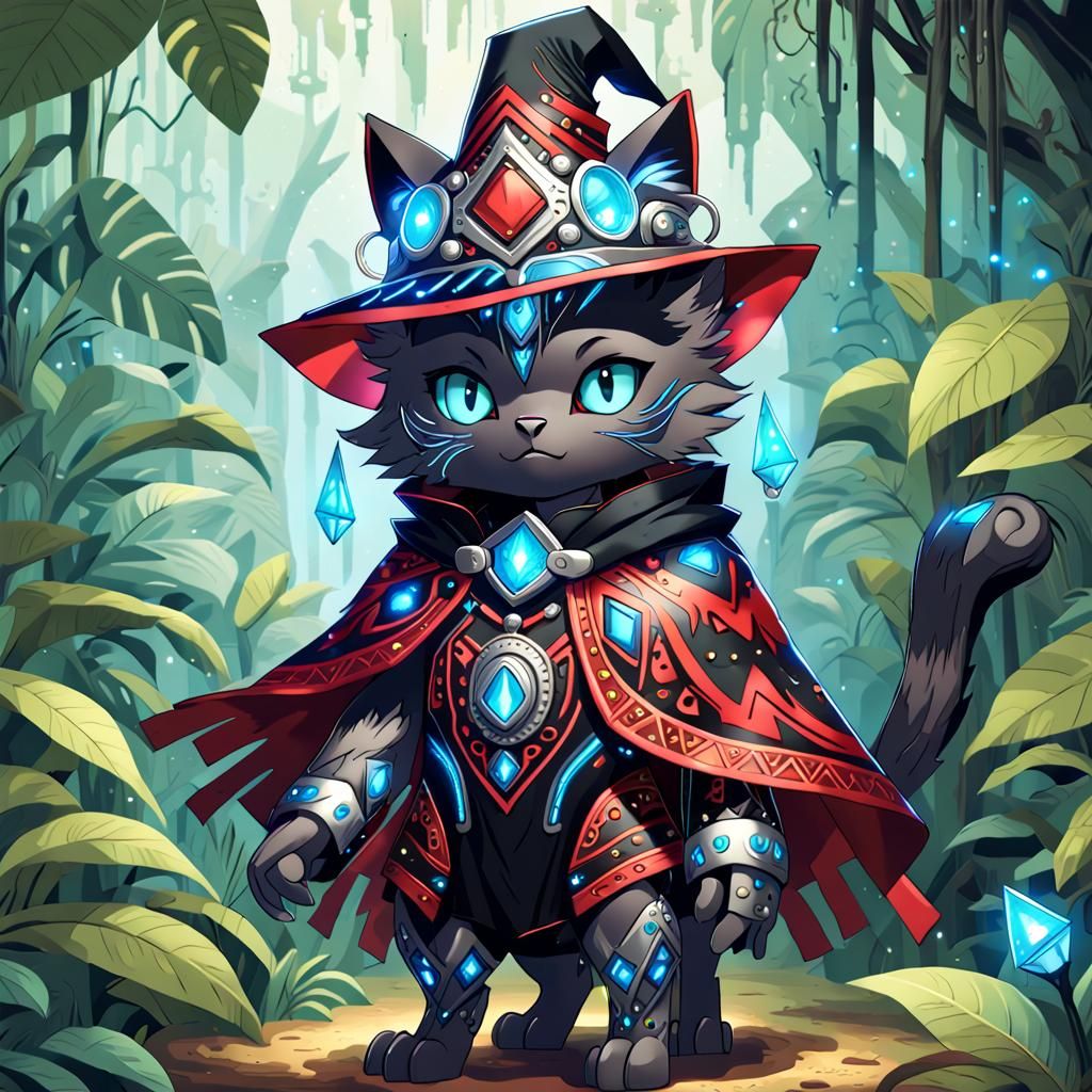 Robotic Cat Wizard in Mystical Jungle
