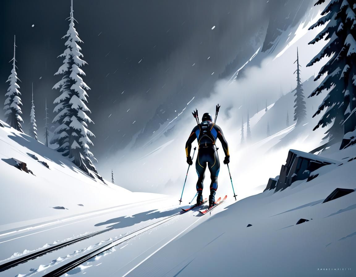Lonely Biathlon Skier in Blizzard: Eerie Illustration