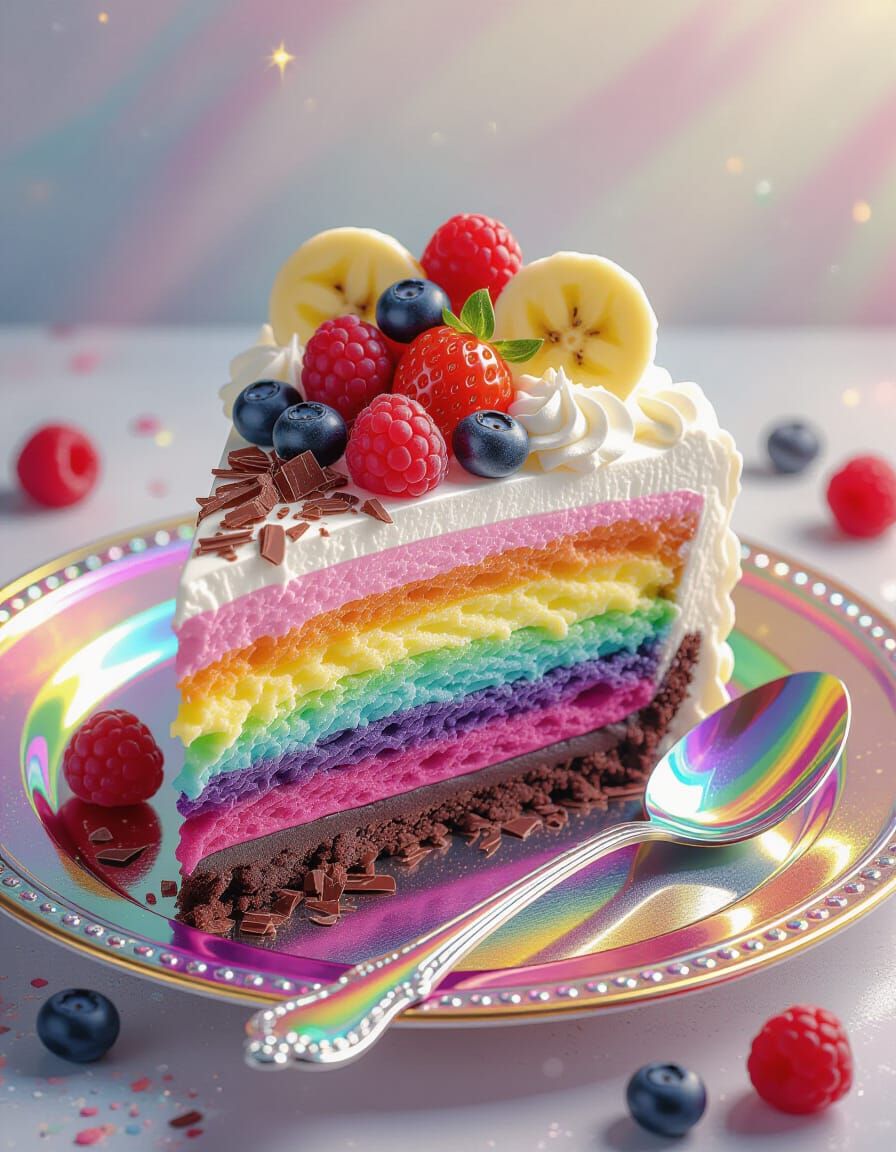 Whimsical Rainbow Ice Cream Cake Slice with Berries