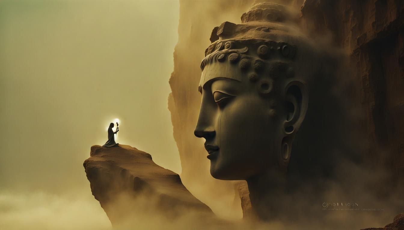 Ethereal Ancient Statue on Cliff with Spiritual Figure