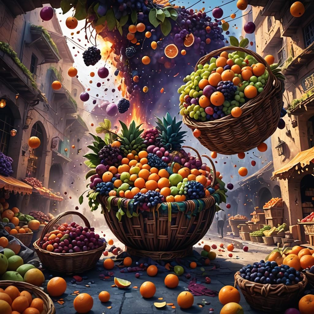 Exploding Fruit Basket in a Fantasy Market
