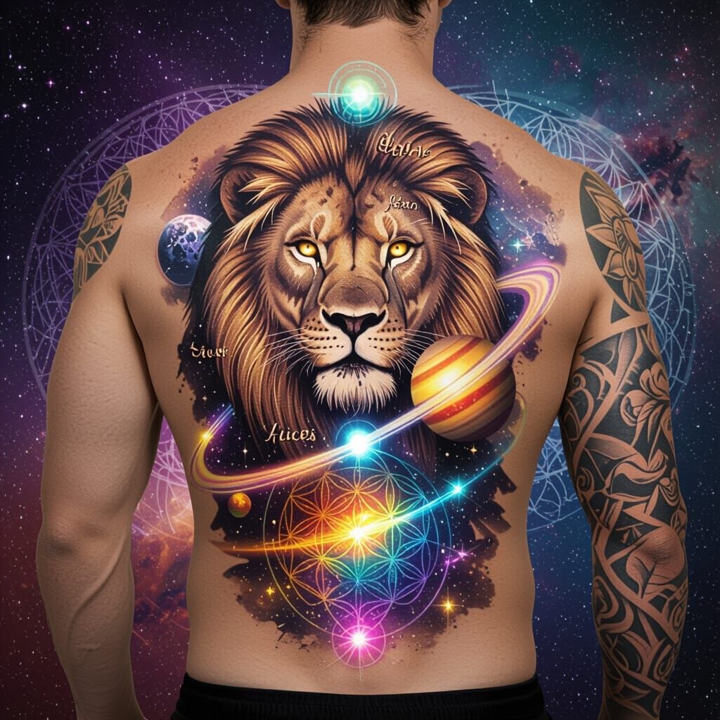 Lion Tattoo with Planets in Stalenhag Colors