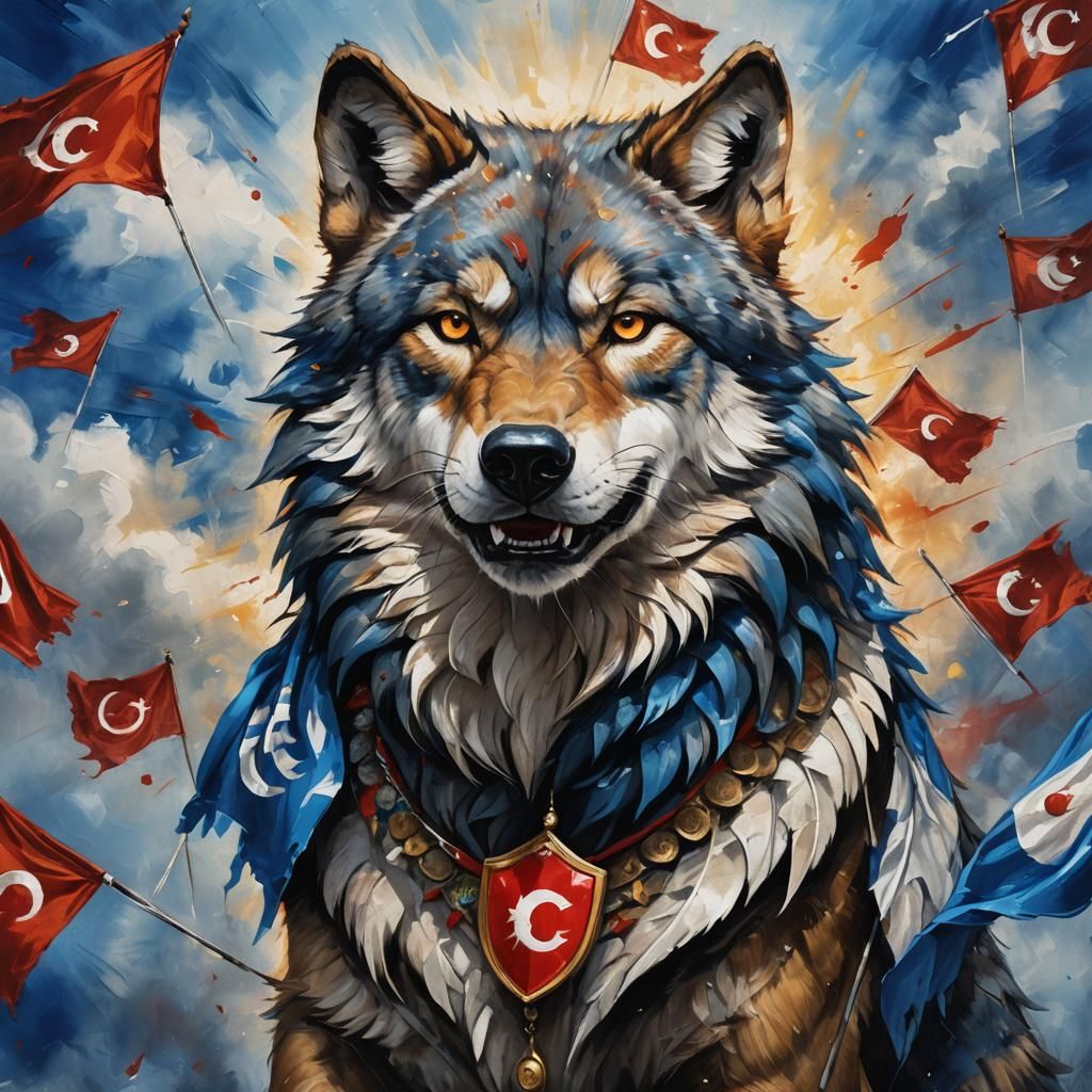 Wolf with Turkish Flag in Vibrant Oil Painting