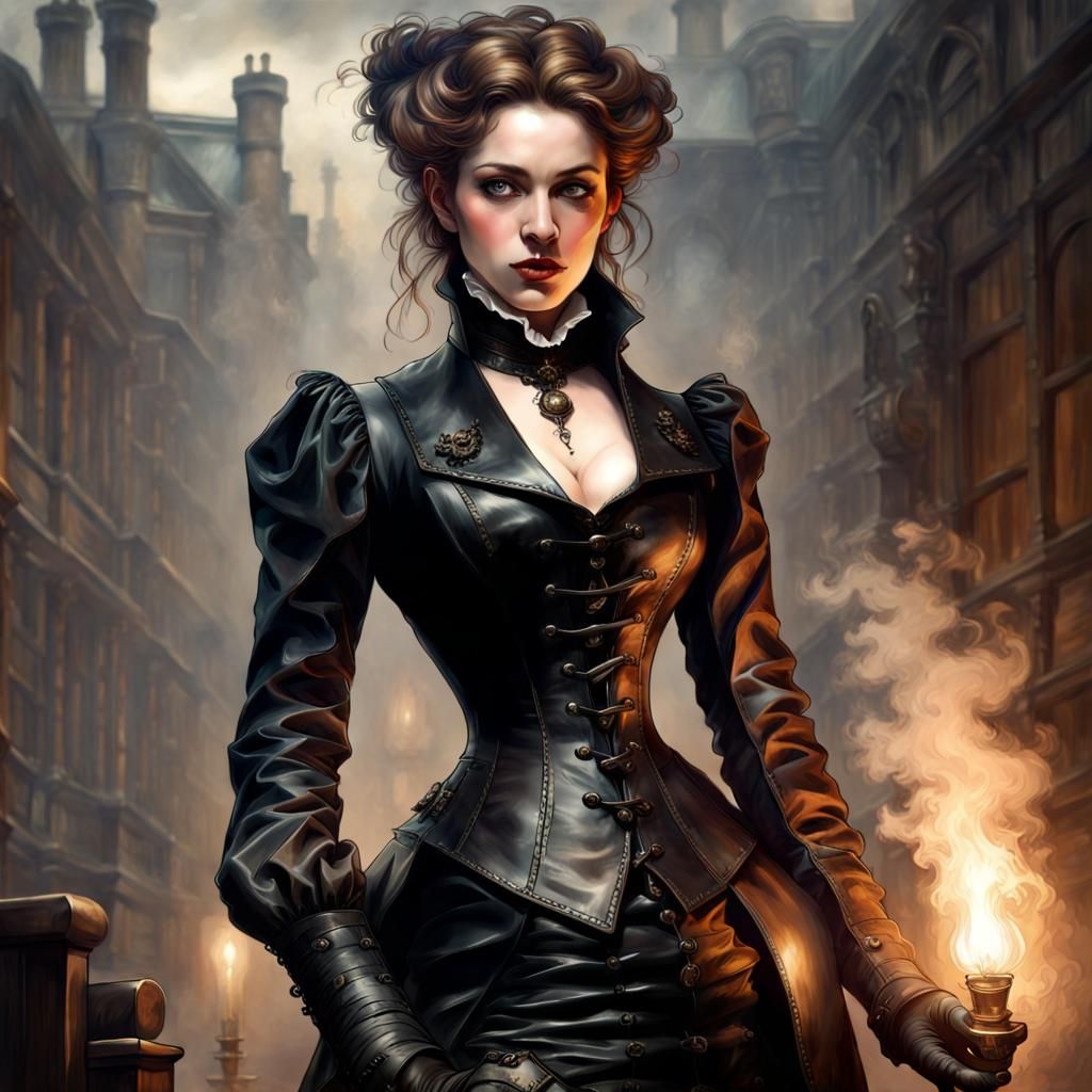 Gothic Victorian Lady in Leather Outfit