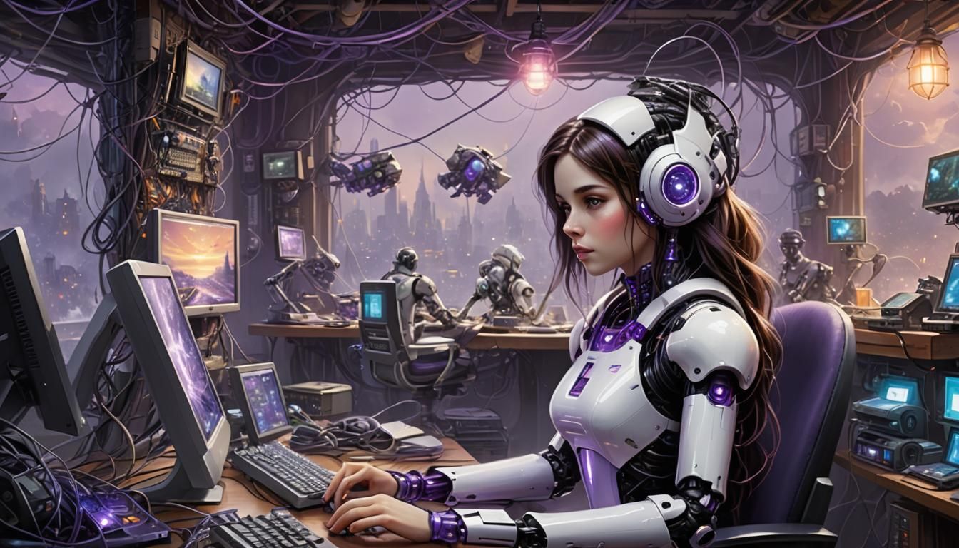 Futuristic Girl with Robot Friend in Cyberpunk Setting