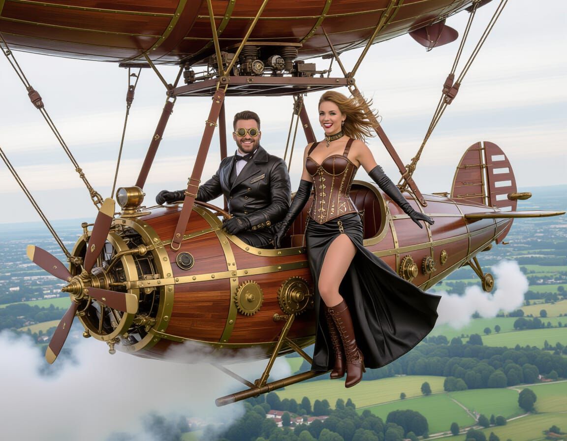 Steampunk Couple Piloting Airship Upside Down