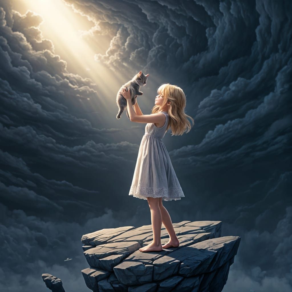 Girl Presents Kitten to Sky: Anime-Inspired 3D Art