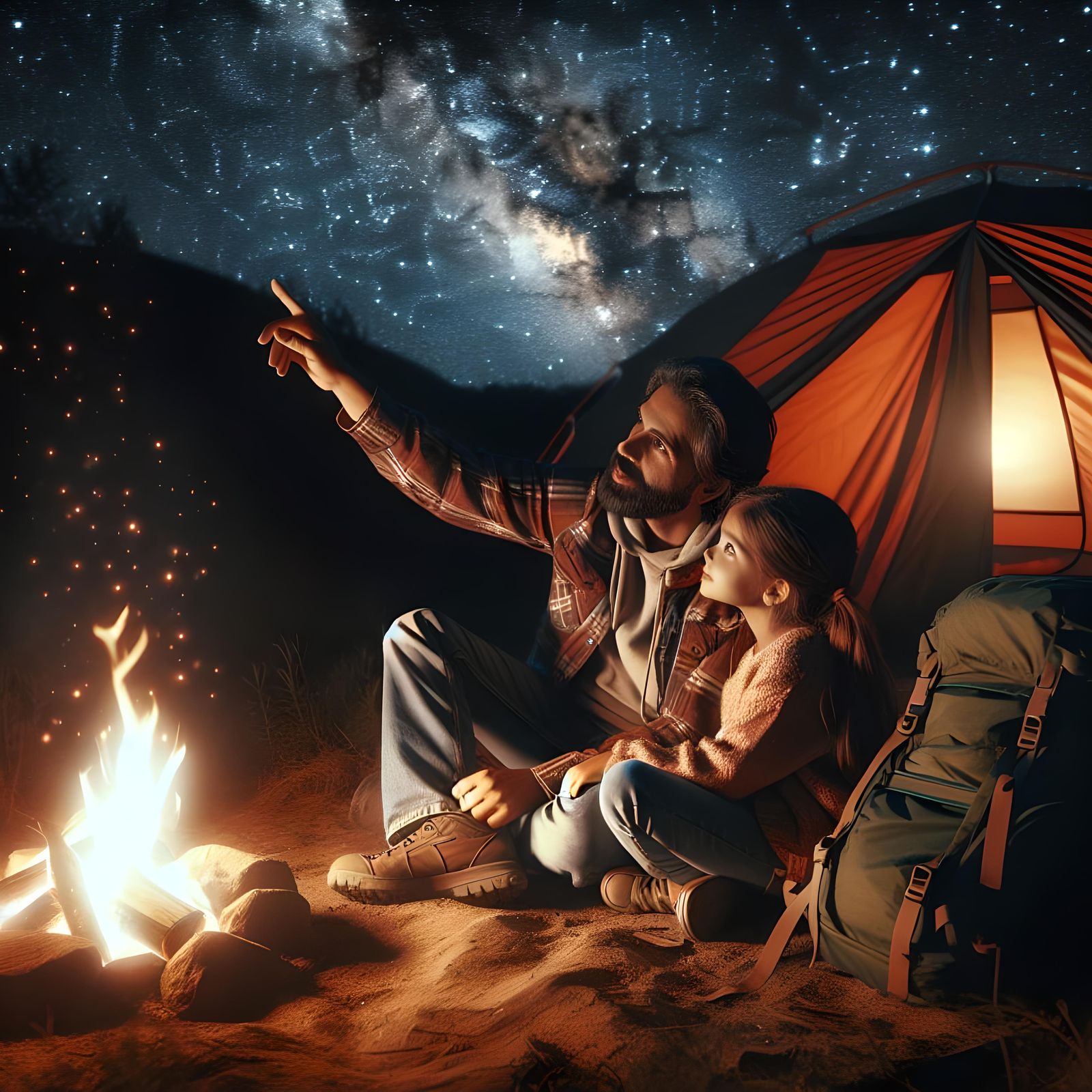 Camping Trip: Father and Daughter Stargazing