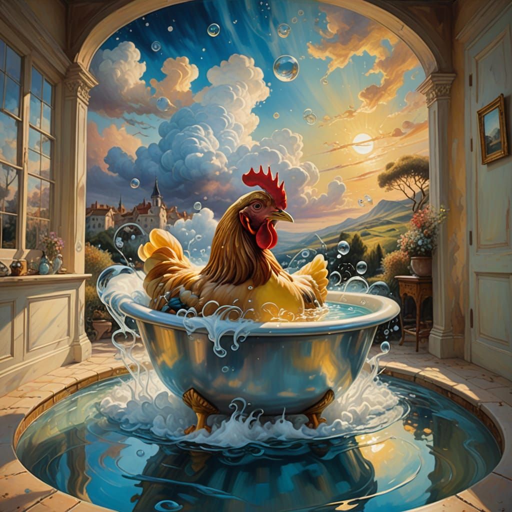 Surrealistic Masterpiece: Whimsical Chicken in Golden Tub
