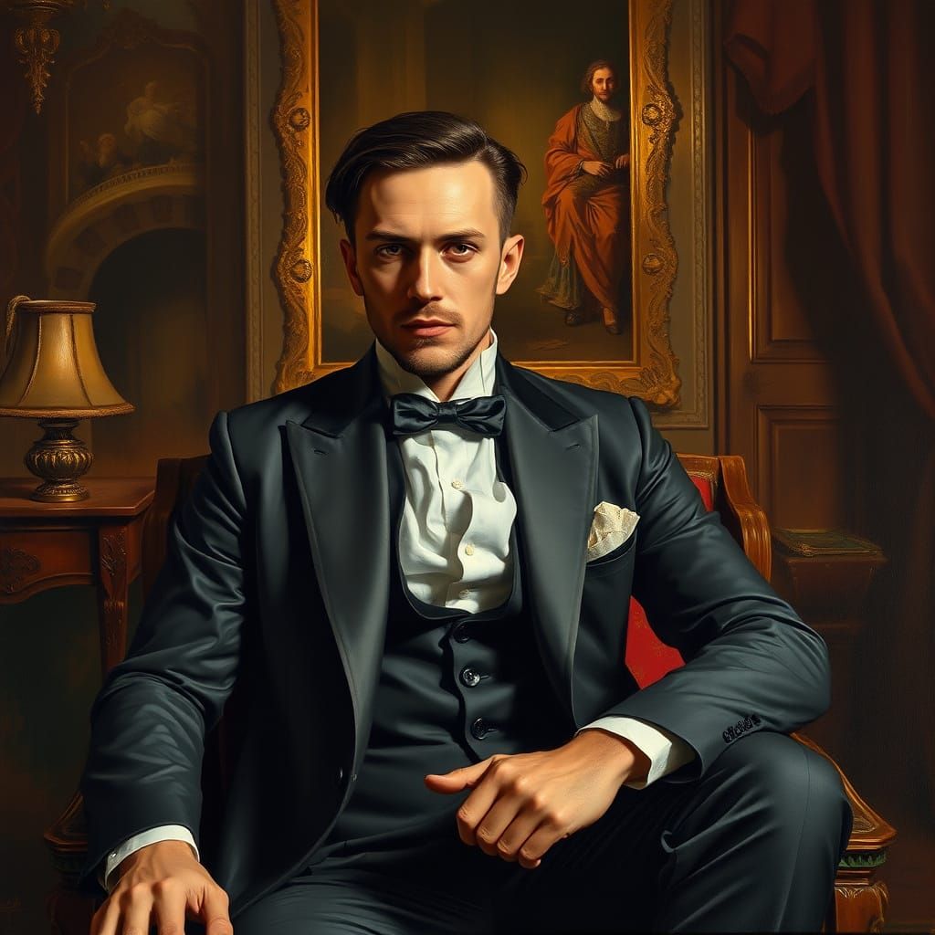 Victorian Gentleman in Lavish Room, Rembrandt & Caravaggio S...