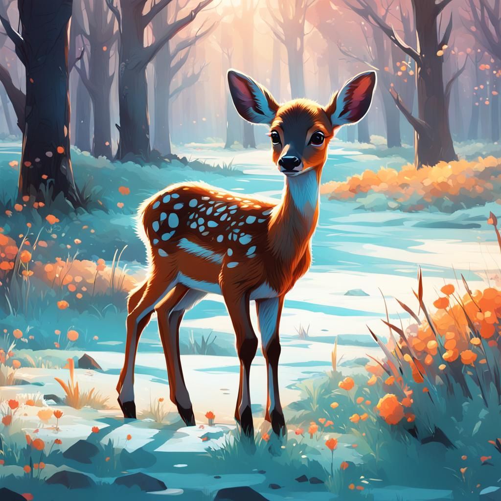 Baby Deer Learning to Walk, Cartoon Style